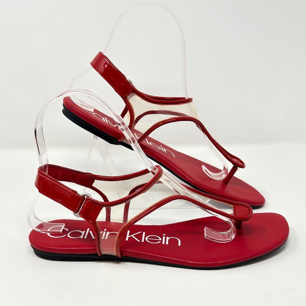 Calvin Klein Shilo Red Square Toe Thong Sandals Women’s 6 Flat Ankle Strap